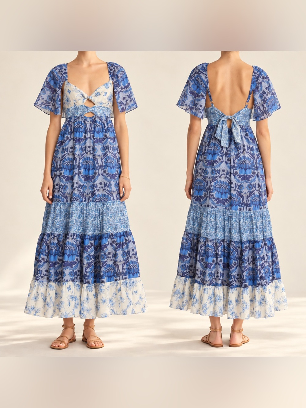 Sandro Topaze Blue Floral Linen Blend Cutout Maxi Dress NWT 36 US 4 $640